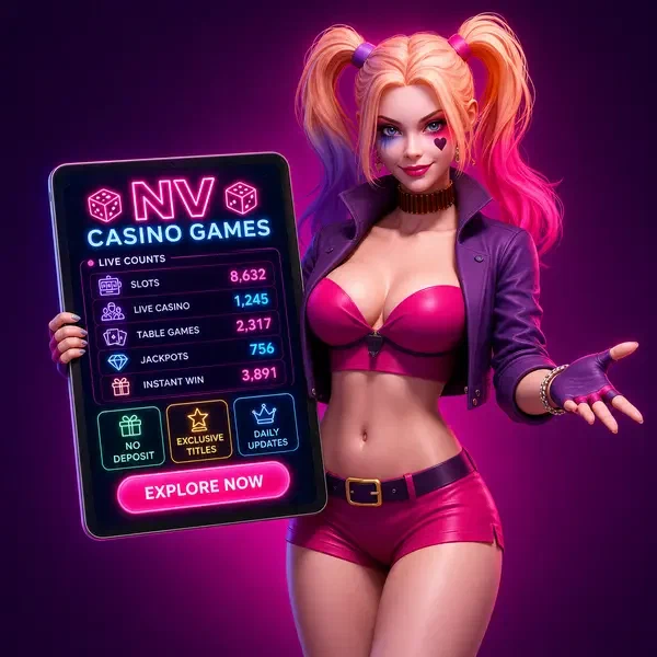 Hôtesse présentant les compteurs de jeux NV Casino en direct sur tablette lumineuse dans une atmosphère néon
