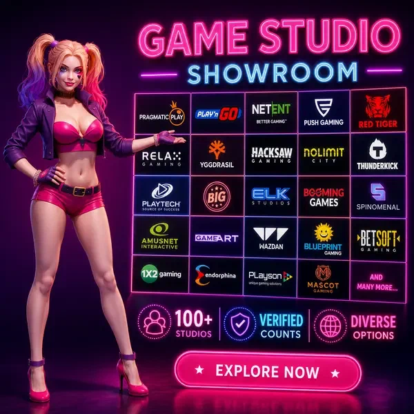 Hôtesse présentant la collection de studios de jeux des fournisseurs de logiciels du NV Casino sur un mur mosaïque lumineux